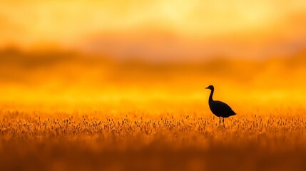 Wall Mural -  A bird stands in a field of tall grass, against a backdrop of a bright yellow sky