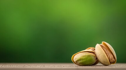 Wall Mural -  A couple of nuts on a wooden table against a green background  Two nuts atop a wooden table amidst a green, slightly blurred scene (Optimized token count