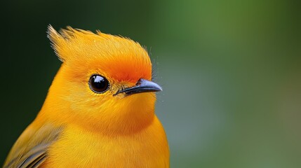  A tight shot of a yellow bird with a black head against a green background, its surroundings softly blurred