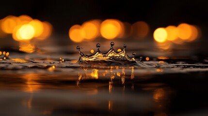 Poster -  A crown atop a dark room's center, where a puddle of water resides, lights illuminating the background