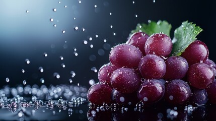 Wall Mural -  A cluster of grapes atop a table, accompanied by a solitary leaf and water droplets on a black surface