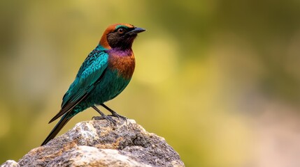  A vibrant bird perches atop a rock, nestled between a green and yellow tree in a softly blurred backdrop