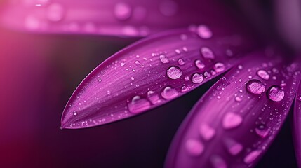 Poster -  A tight shot of a purple flower, with dewdrops on its petals and an indistinct background of blurred petals