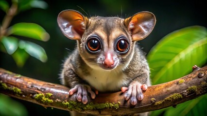 Small, nocturnal marsupial with large eyes and membrane for gliding, perched on a branch, showcasing its unique