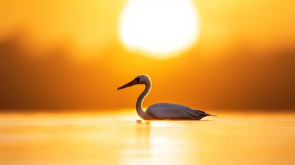 Wall Mural -  A white swan floats atop tranquil water, framed by a vibrant sunset backdrop Sun's hues of yellow and orange dominate the sky