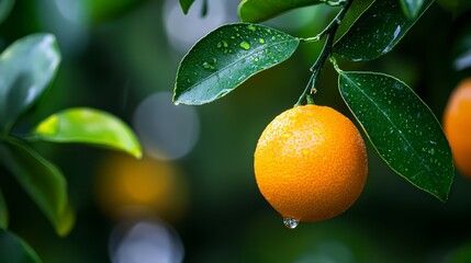 Wall Mural -  A tight shot of an orange on a tree branch, adorned with dewdrops and surrounded by vibrant green leaves