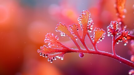 Wall Mural -  A red plant with dewdrops on its leaves and a softly blurred backdrop