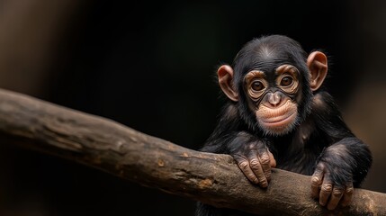 Wall Mural -  A tight shot of a monkey on a tree branch, background softly blurred, foreground featuring a distinct tree branch