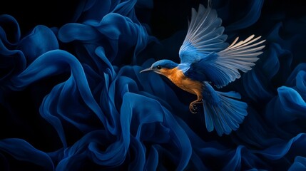 Poster -  A blue bird flies against a backdrop of black, its wide wings spread before blue swirls