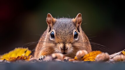 Wall Mural -  A tight shot of a squirrel's expressive face Leaves scattered on the ground in sharp focus Background softly blurred