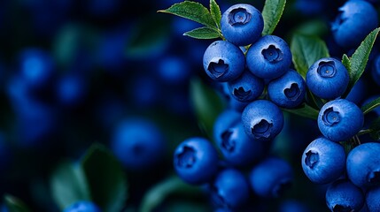 Wall Mural -  A tight shot of blueberries on a leafy branch, adorned with water beads on each plump berry