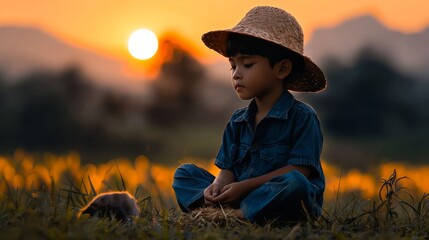  A young boy, hat adorned with straw, sits in a field as a small animal faces the setting sun