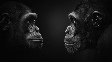  A black-and-white image of two chimpanzees facing one another against a black backdrop