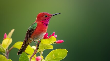 Wall Mural -  Vibrant bird perched on tree branch amidst green foliage and pink blooms under sunny sky