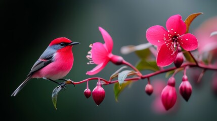 Poster -  A red-and-black bird perches on a tree branch, surrounded by pink flowers and green foliage