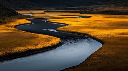 Poster -  A river runs through a lush green field beside a hill covered in golden yellow grass Above, the sky darkens