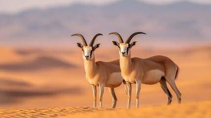 Wall Mural -  Two rams atop a sandy hill Behind them, an expansive desert with mountains in the backdrop