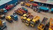 © Suleyman - Heavy machines and vehicles in bright colors are parked in a construction site next to a warehouse. These vehicles can be rented or bought.