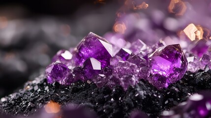 Sticker -  A pile of purple crystals atop a mound of black rocks, adjacent to an array of additional stones