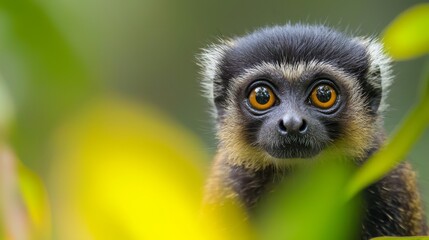 Wall Mural -  A tight shot of a monkey's face with a green leaf near and out of focus background