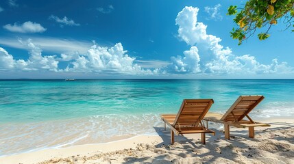 Two lounge chairs on a sandy beach with blue sky 