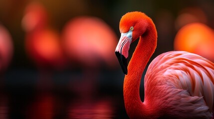  A flamingo stands in the water, turning its head sideways