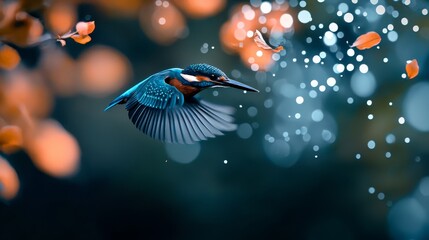 Poster -  Blue bird soaring near a leafy branch against a backdrop of a towering tree