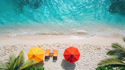 Sticker - Top view of beach chairs and umbrella for summer vacation concept