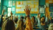 © MINDEYEVISION - A scene in a classroom where students' hands are raised high, the focus is on the hands with a softly blurred board covered in lessons in the background.