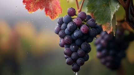 Wall Mural -  A tight shot of grapevines bearing clusters of grapes, dewdrops glistening on their surfaces, and a leafy tree looming in the backdrop