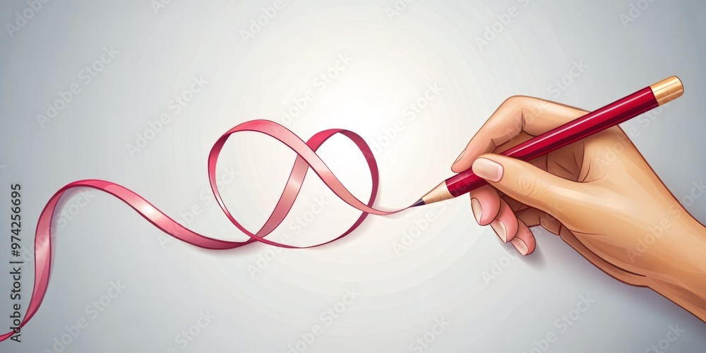 Step-by-step illustration of a hand drawing a delicate ribbon with a ...