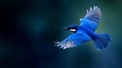 Wall Mural -  A blue bird flying in the air, wings spread out, head turned to the side