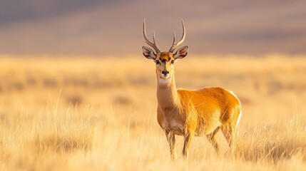 Wall Mural -  A tight shot of a deer in a towering grass field, framed by a cloud-filled backdrop