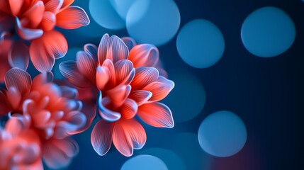 Wall Mural -  A tight shot of red blooms against a blue-black backdrop, surrounded by hazy circular blurs