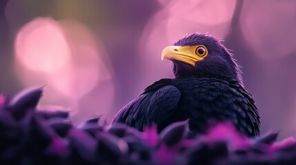  A black bird with a yellow beak stands amidst a field of purple and pink flowers Blurry lights shimmer in the background