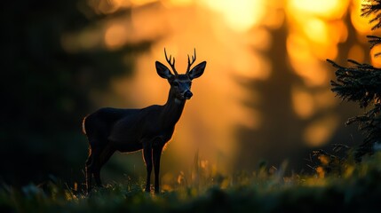  A deer in a forest, sun shines through tree-lined backdrop