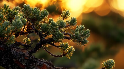 Sticker -  A tight shot of a pine tree branch against a sun-lit backdrop, with trees softly blurred in the foreground