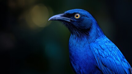  A detailed shot of a blue bird against a black backdrop, with the bird's back softly blurred