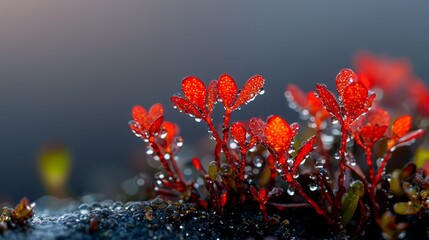 Sticker -  A red plant with dewdrops on its leaves and a blurred backdrop