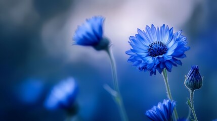 Wall Mural -  A field of blue flowers atop lush green grass Above, a sky teeming with clouds