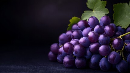 Poster -  A black background features a cluster of purple grapes with attached green leaves The top grape is accentuated by an extra green leaf