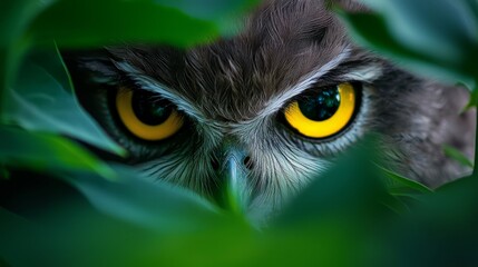 Wall Mural -  A tight shot of an owl's expressive face, its golden eyes piercing, surrounded by a circular frame of verdant green leaves