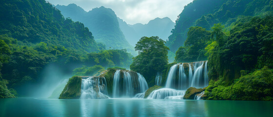 Wall Mural - A cascading waterfall surrounded by lush green rainforest, with mist rising from the strong current over the rocks.