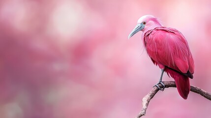 Wall Mural -  A pink bird perched on a branch against a pink and white backdrop; soft sky behind blurred