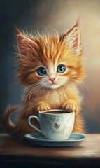 Sticker - a kitten sitting next to a cup of coffee, furry art, orange fur, avatar image