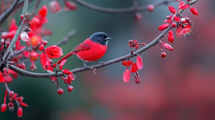 Wall Mural -  A red and black bird sits on a tree branch, surrounded by red berries Background softly blurred