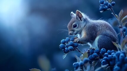 Wall Mural -  A tight shot of a squirrel perched on a tree branch, surrounded by berries in the foreground, and a vast expanse of blue sky beyond