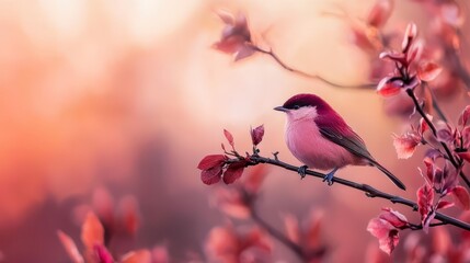 Wall Mural -  A small bird perches on a tree branch, surrounded by pink flowers in the foreground The background softly blurs