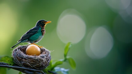  A small bird sits atop a nest, cradling an egg within Perched on a tree branch, the nest is their home and incubation site for new life