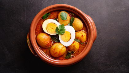 Wall Mural - Delicious kerala style spicy egg curry served in a clay pot 